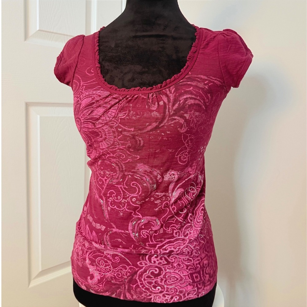 VTG Women's Fang Short Sleeve 90s Top Paisley Glitter Boho Cottagecore SZ S